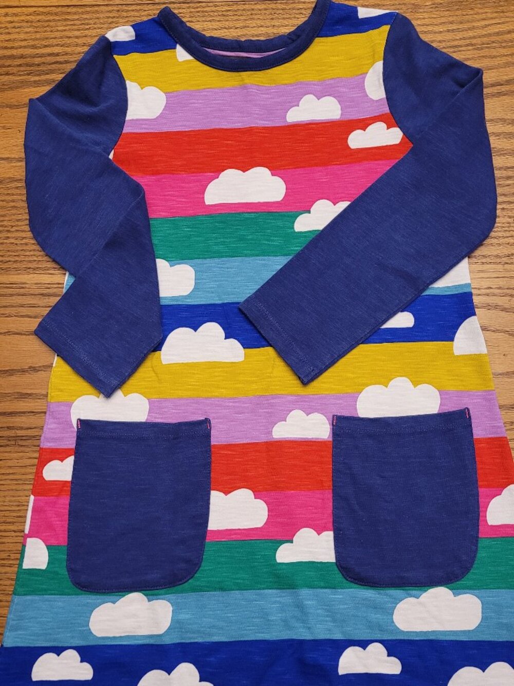 Mini Boden Striped Rainbow Cloud Long Sleeve Dress Pockets - Size 7-8 - Girls